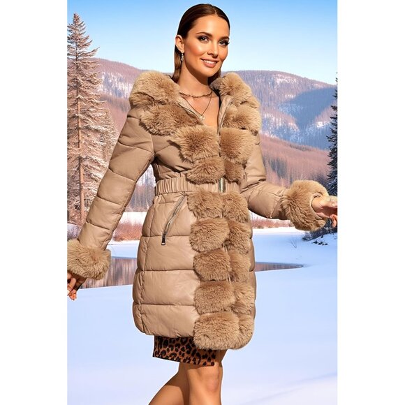 Puffer Jacket Women Winter Fur Lined Apricot Coat Long Fur Collar Warm Overcoat - Picture 5 of 5